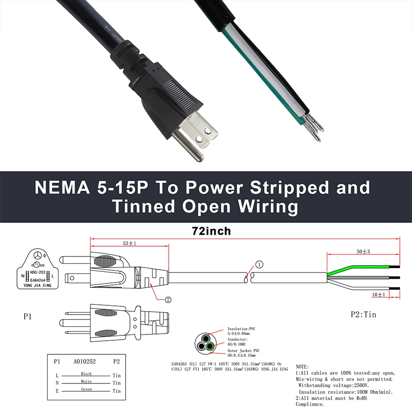 NEMA5-15P to stripped and tinned Power Cord NEMA5-15P to stripped and tinned Power Cord