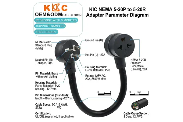 NEMA 5-20P to T-Blade Receptacle Adapter Cord NEMA 5-20P to T-Blade Receptacle Adapter Cord