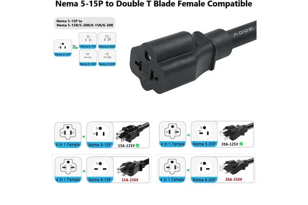 NEMA 5-15P to 5-15R/5-20R/6-15R/6-20R Power Adapter Cord