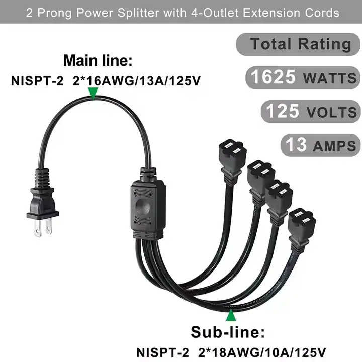 NEMA 1-15P to Multi-Outlet NEMA 1-15R Splitter Extension Cord with Molded Strain Relief