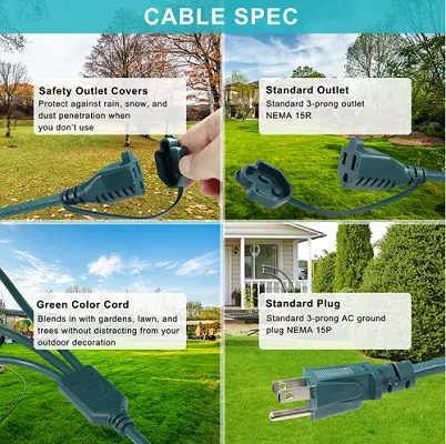 Green NEMA 5-15P to 3-Way Splitter Power Extension Cord with Safety Covers