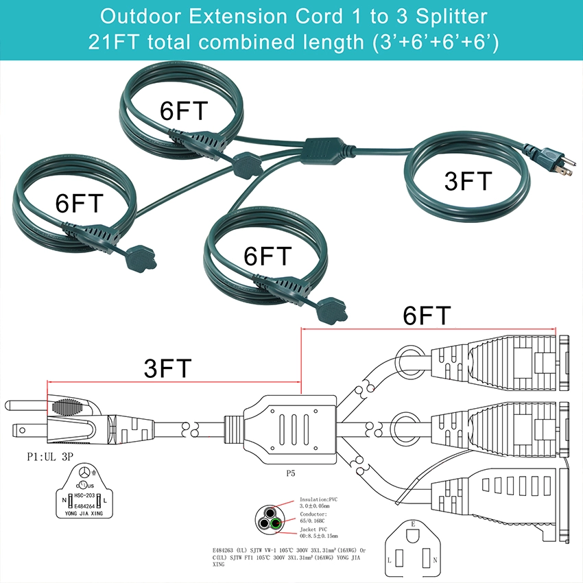 Green NEMA 5-15P to 3-Way Splitter Power Extension Cord with Safety Covers Green NEMA 5-15P to 3-Way Splitter Power Extension Cord with Safety Covers