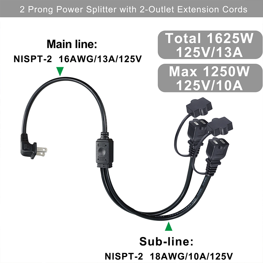 90-Degree Right-Angled NEMA 1-15P to Dual 1-15R Power Splitter Cord with Safety Covers