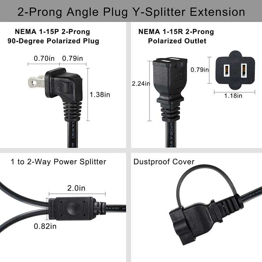 90-Degree Right-Angled NEMA 1-15P to Dual 1-15R Power Splitter Cord with Safety Covers