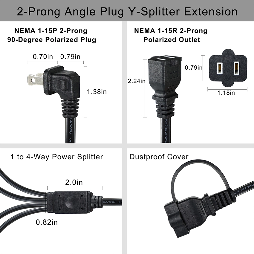 90-Degree Angled NEMA 1-15P to 4-Way 1-15R Power Splitter Cord with Safety Dust Covers