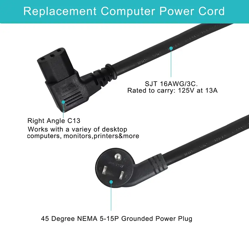 Low Profile 45-Degree NEMA 5-15P to Right Angle C13 Power Cord