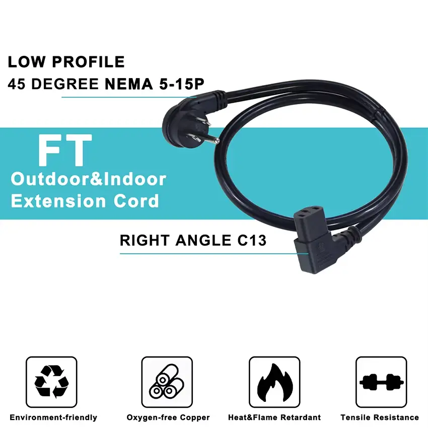 Low Profile 45-Degree NEMA 5-15P to Right Angle C13 Power Cord