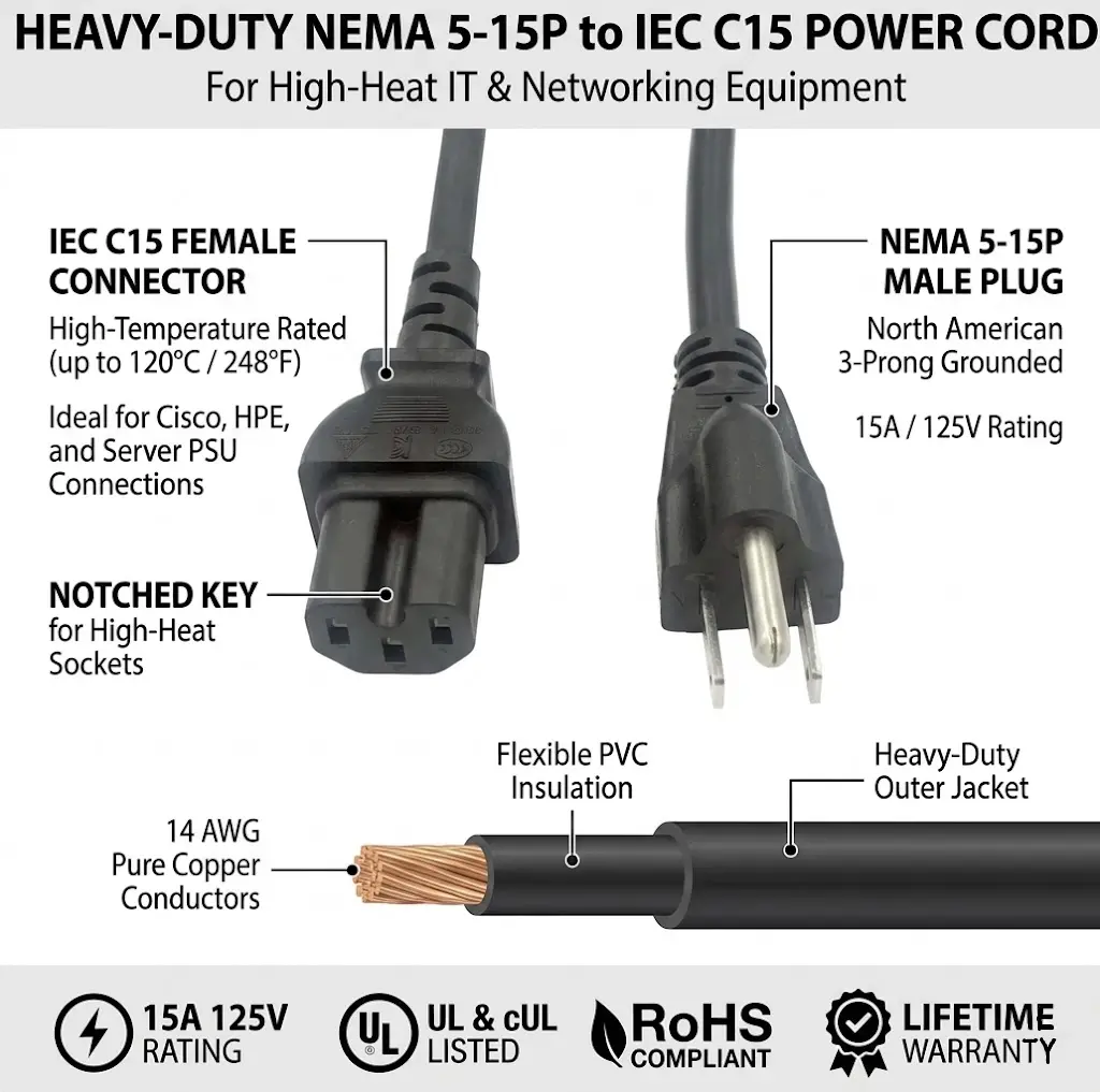 1 to 2 NEMA 5-15P to C15 Power Extension Cable