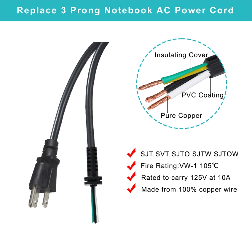 NEMA 5-15P to Stripped End Power Cord with Strain Relief