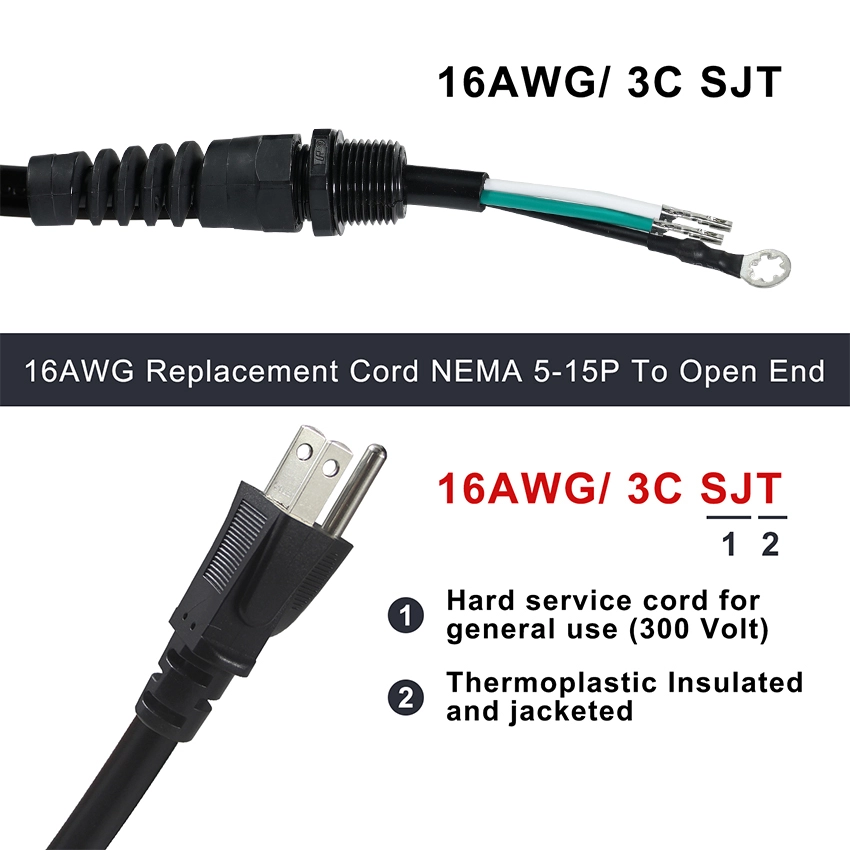 NEMA 5-15P Open End Power Cable with Terminals and Strain Relief Connector NEMA 5-15P Open End Power Cable with Terminals and Strain Relief Connector