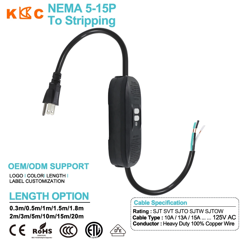 US Plug to Stripped End Power Cord with Inline GFCI Leakage Protection Switch