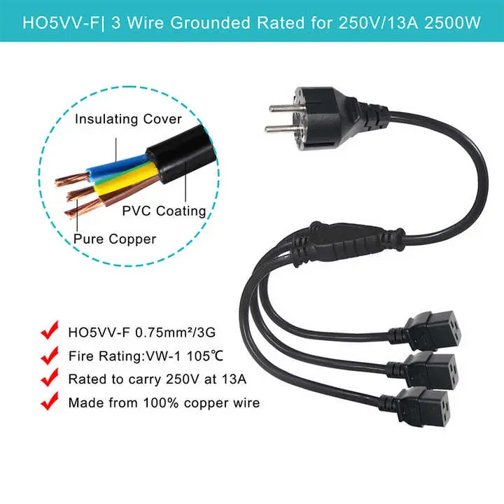CEE 7/7 Schuko Plug to 3-Way IEC C19 Power Splitter Cable CEE 7/7 Schuko Plug to 3-Way IEC C19 Power Splitter Cable
