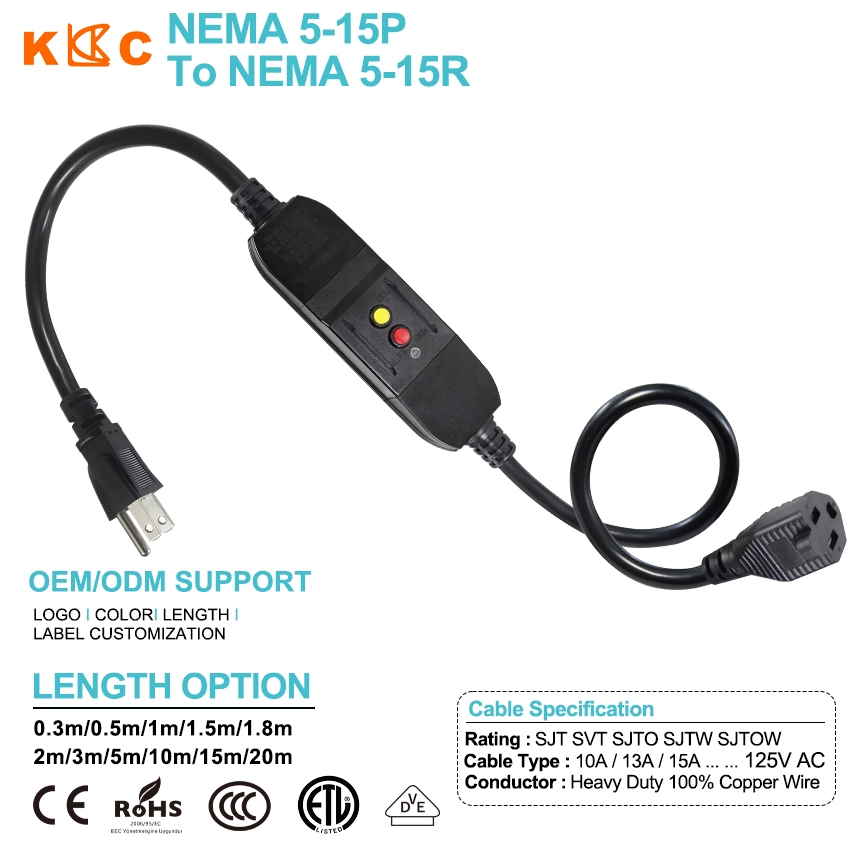 NEMA 5-15P to 5-15R Extension Cord with Inline GFCI Protection