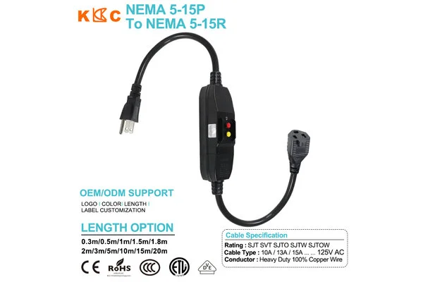 NEMA 5-15P to NEMA 5-15R GFCI Power Cord