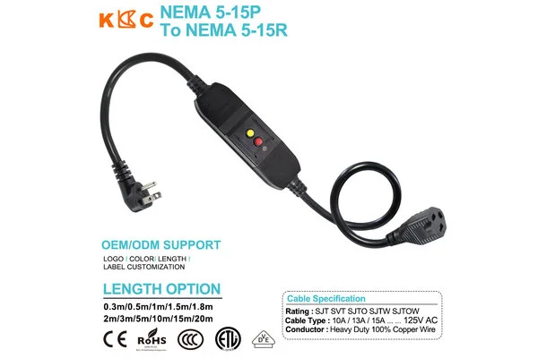 NEMA 5-15P to NEMA 5-15R GFCI Power Cord