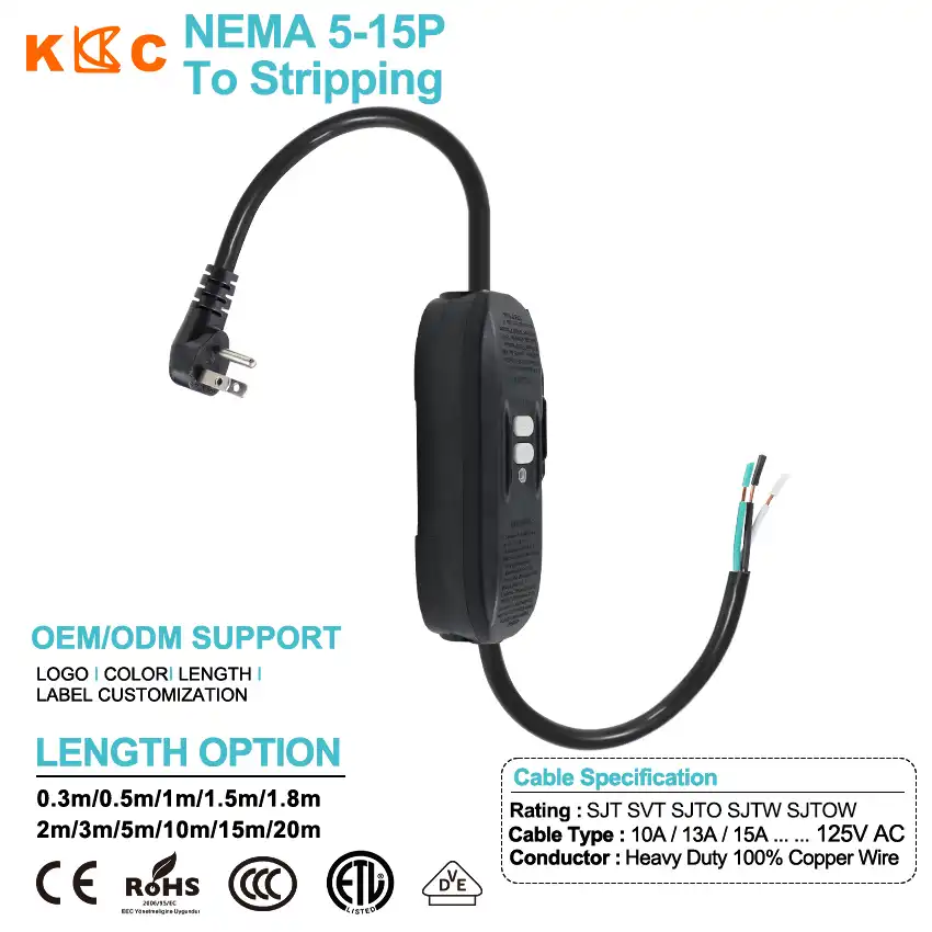 GFCI Power Cable, NEMA5-15P Flat Plug with Open Stripped Built-in GFCI Leakage Protection