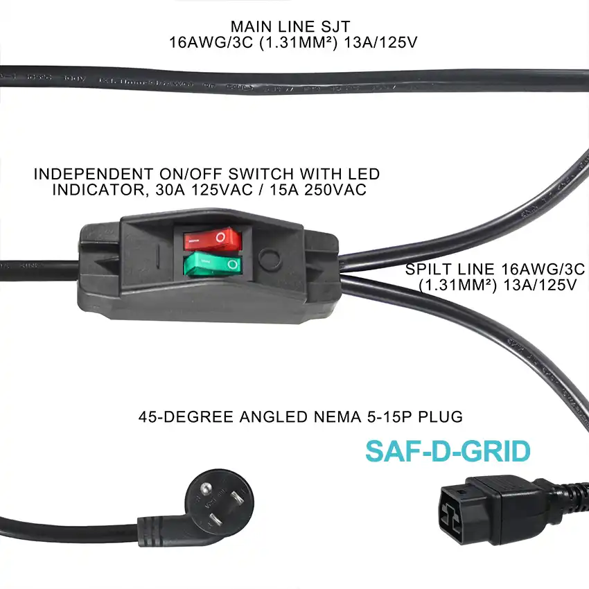 NEMA 5-15P to Dual Saf-D-Grid Power Cord with Switch