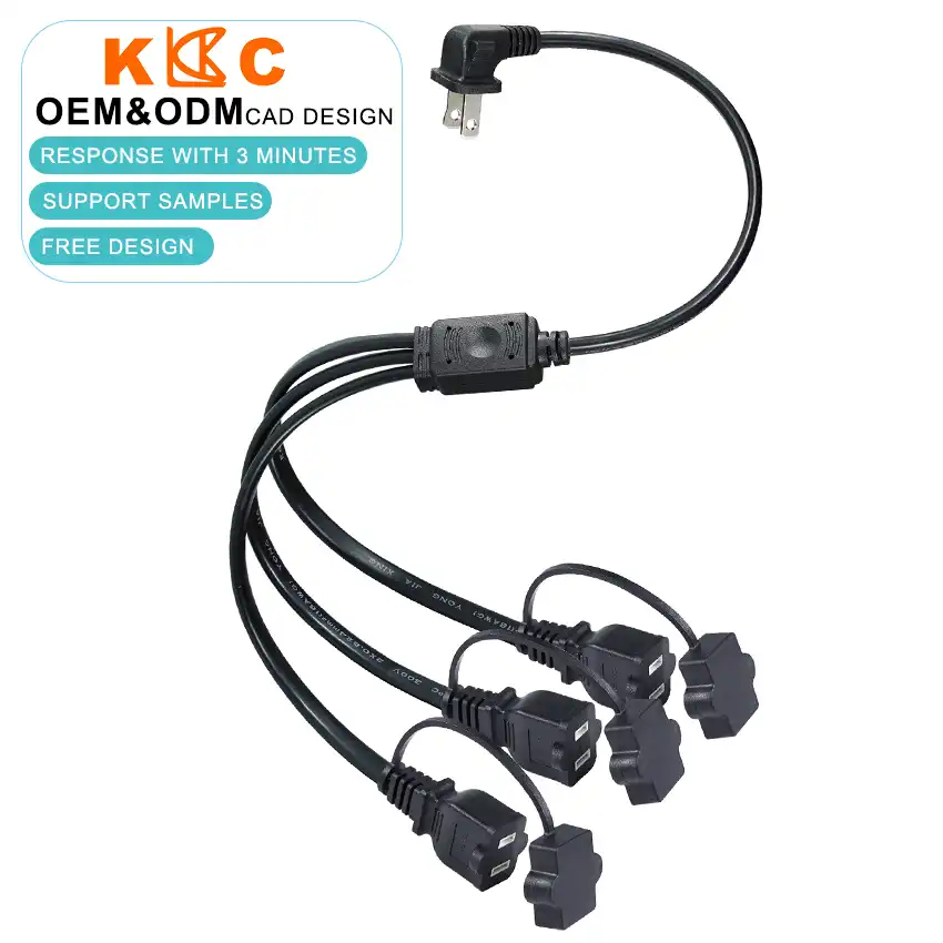 US 2 Prong Right Angle Plug to 3 Way NEMA 5-15R Extension Splitter Cord with Dust Covers