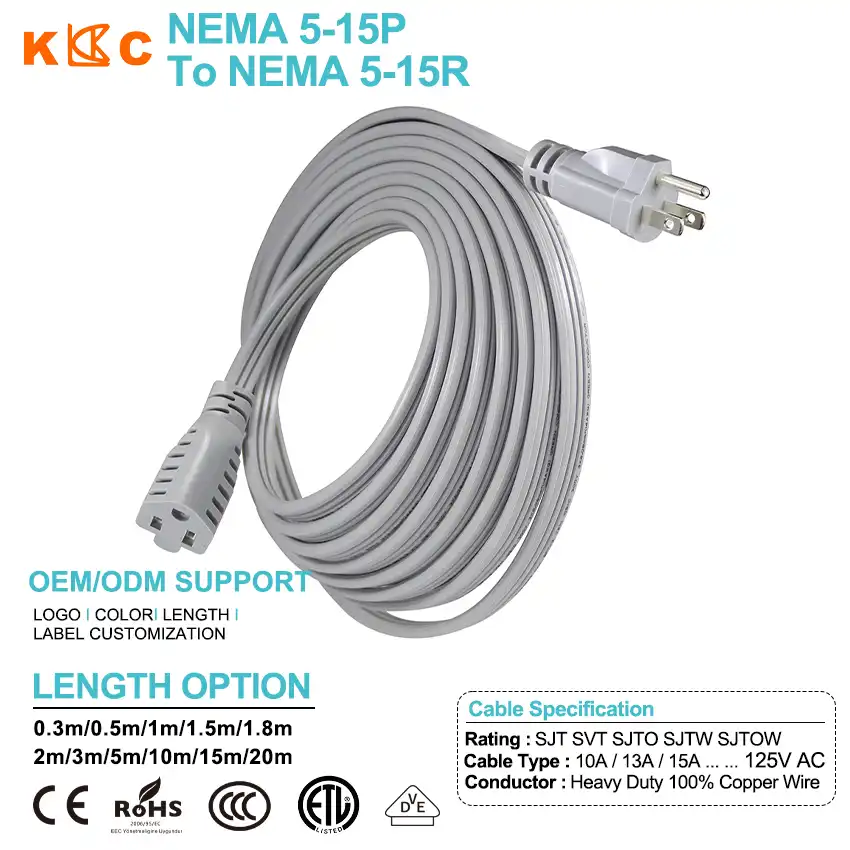 Gray NEMA 5-15P to 5-15R Extension Cord