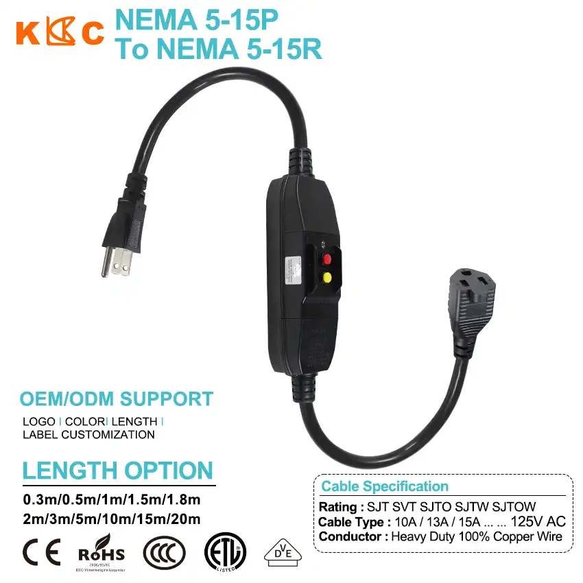 NEMA 5-15P to 5-15R Extension Cord with Inline GFCI Protection
