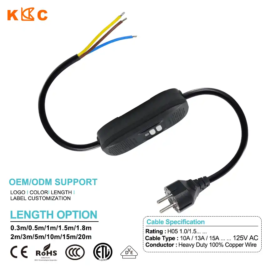 EU Schuko Plug GFCI Power Cord, CEE 7/7 Type F Male Plug with Inline Ground Fault Circuit Interrupter